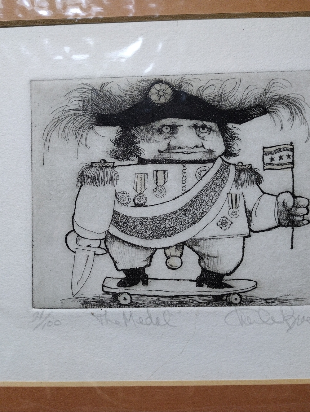 Charles Bragg Signed Etching "The Medal" 1970, Man on Skate board